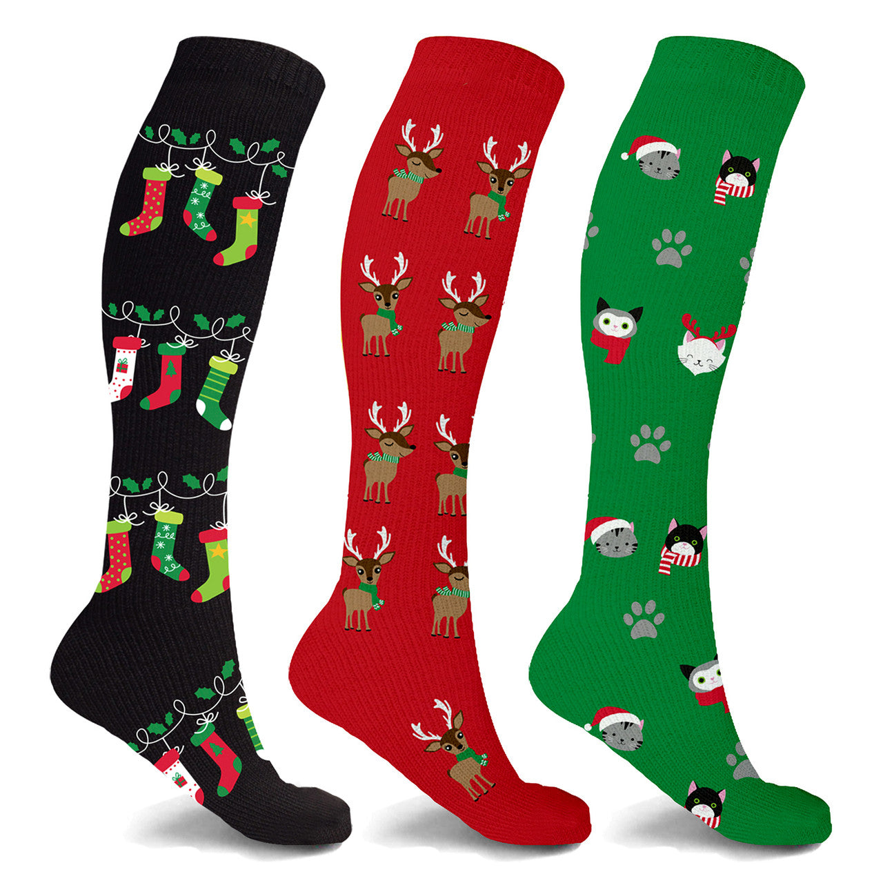 HOLIDAY FUN AND CHRISTMAS KNEE HIGH COMPRESSION SOCKS 3 PAIR