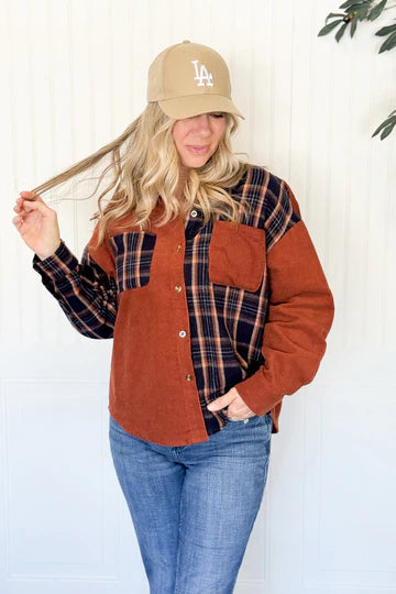 Rust wood plaid corduroy shacket