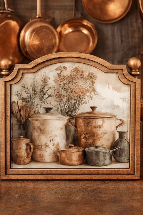 Copper pots provincial framed art 9x10 inch