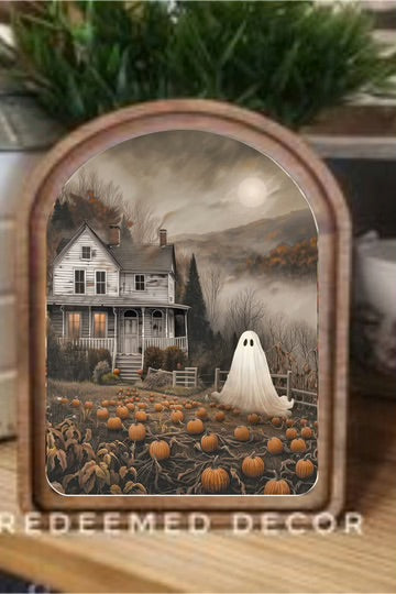 Top moody ghost house arch framed art 6x8 inch