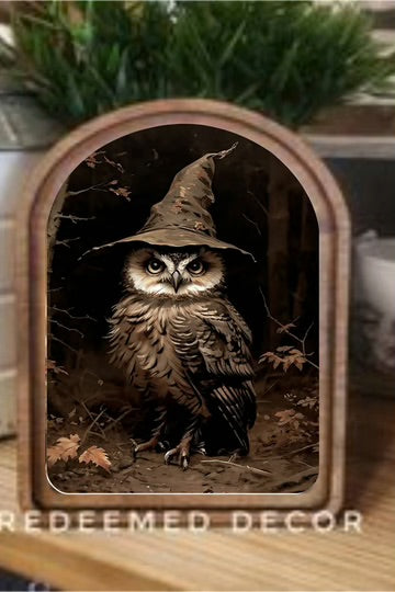 Halloween owl arched framed art 6x8 inch