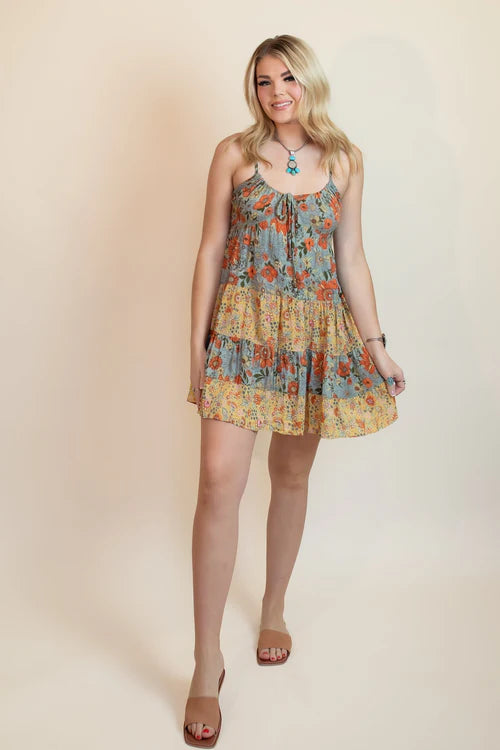 Angie womens portofino patchwork mini ruffle dress