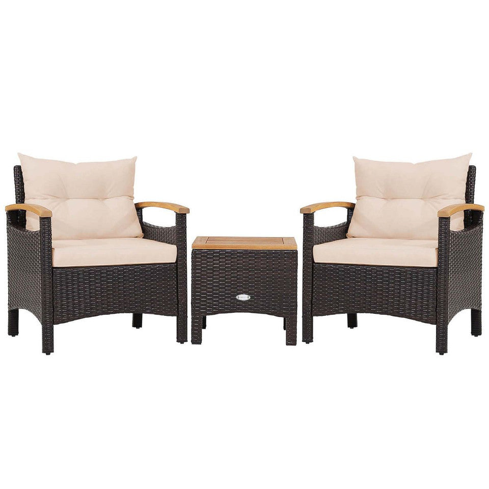 3 piece patio rattan furniture set with tabletop and cushions