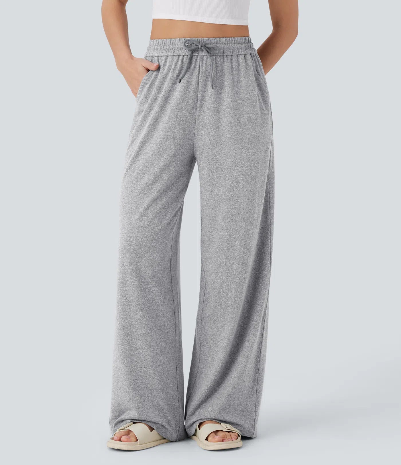 High waisted drawstring pocket wide leg baggy casual pants