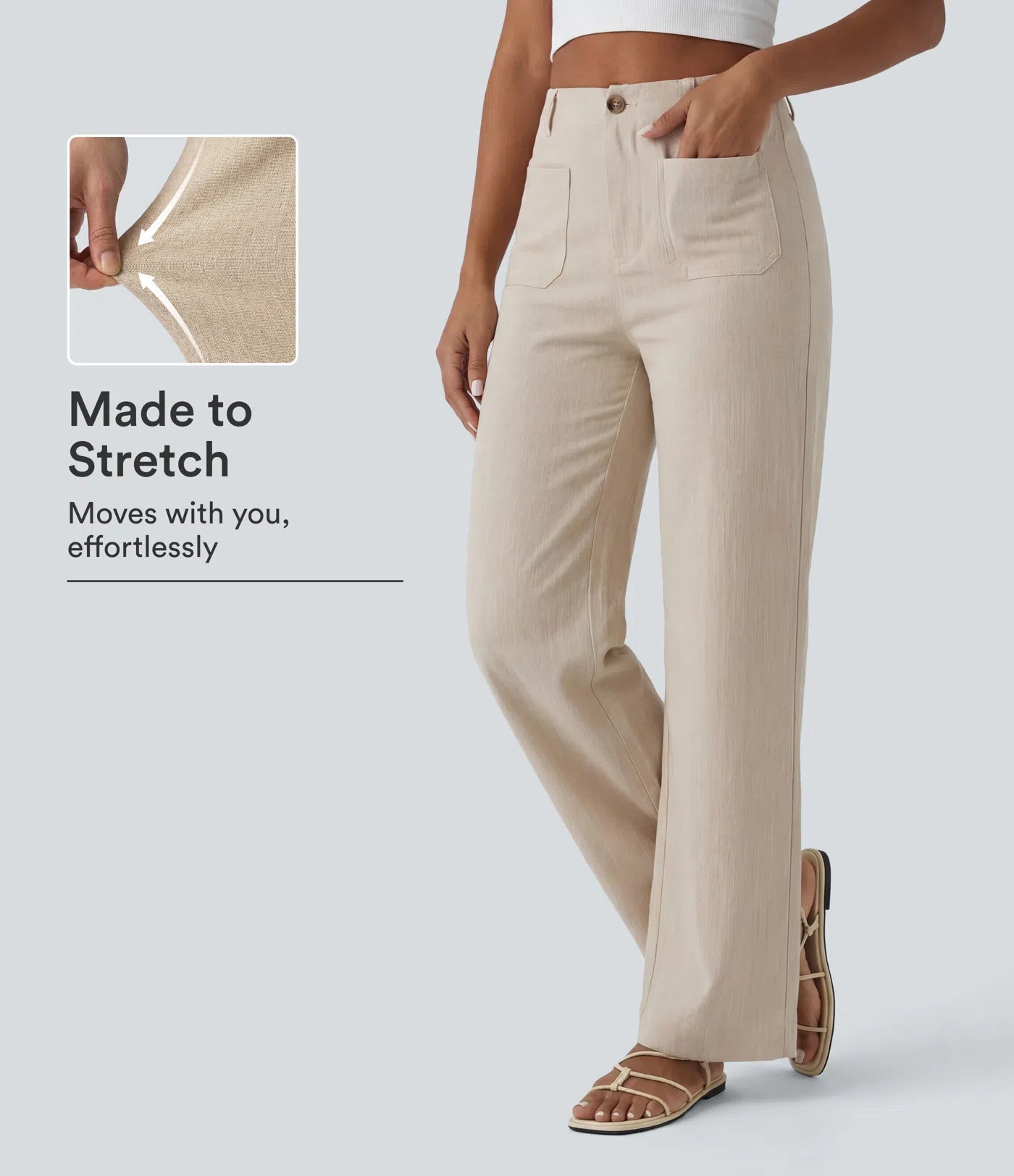 High waisted straight leg casual linen feel pants with pockets