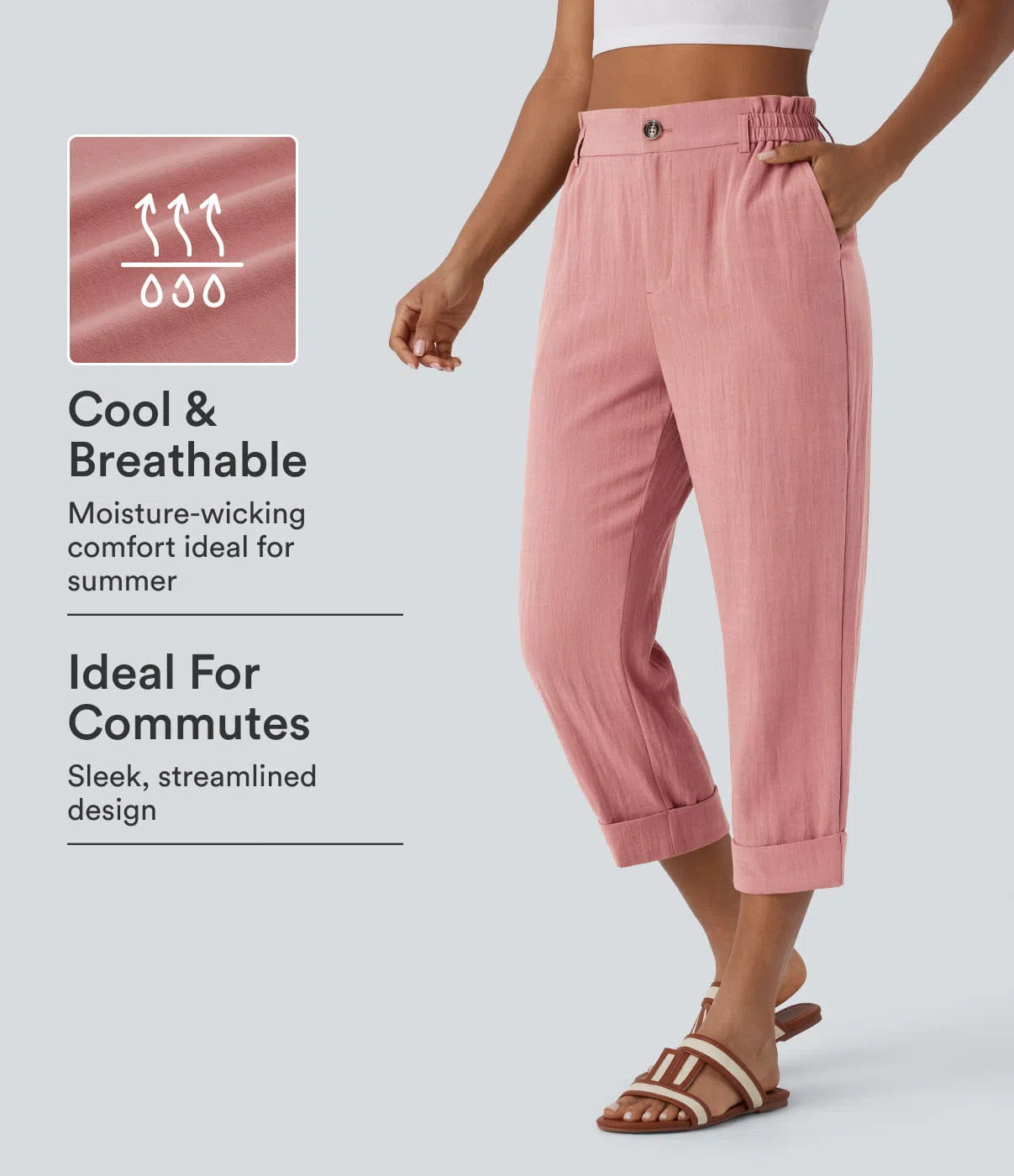 High waisted zipper pocket cropped linen feel pants