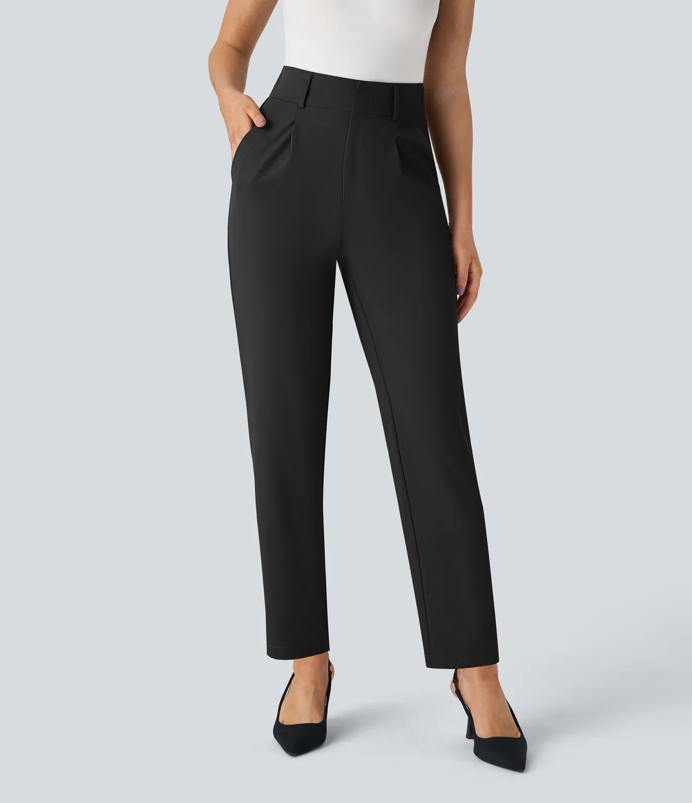 High waisted pocket solid work tapered pants