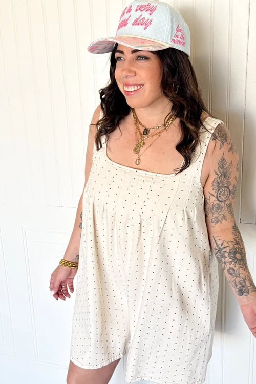 Peach love darling dots denim romper