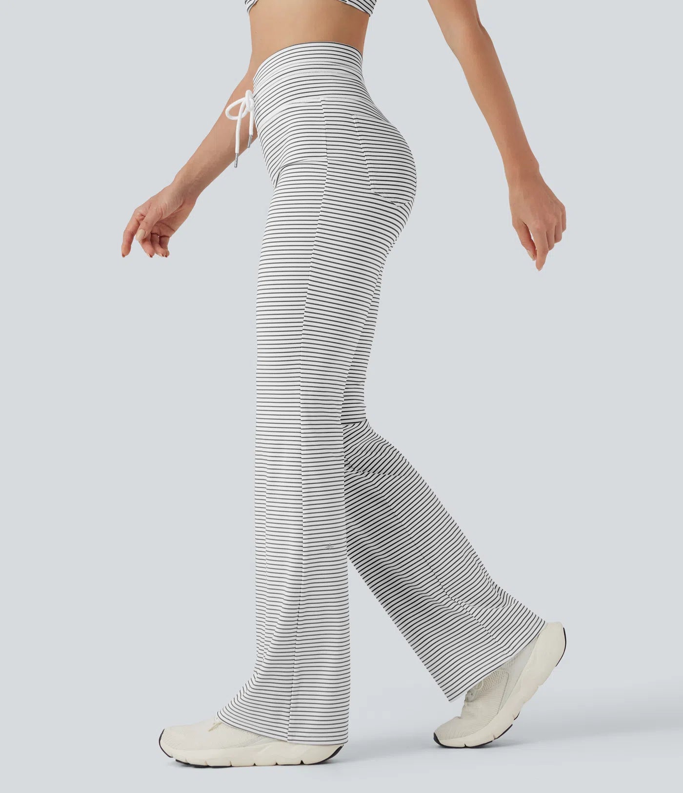 High waisted drawstring stripe flare yoga pants with pockets