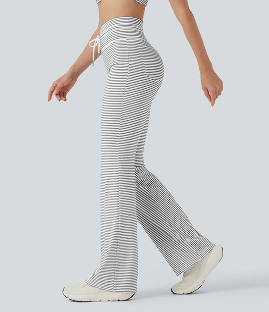 High waisted drawstring stripe flare yoga pants with pockets