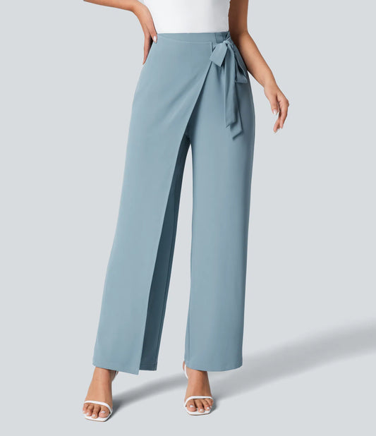 High waisted tie side wide leg work pants