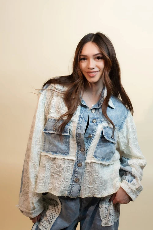 Pol womens countryside crochet denim long sleeve shirt top