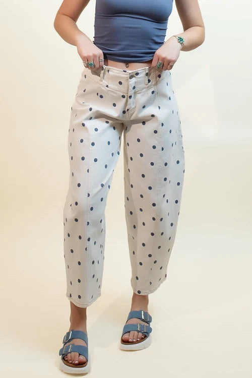The navy sprinkle polka dot barrel pants