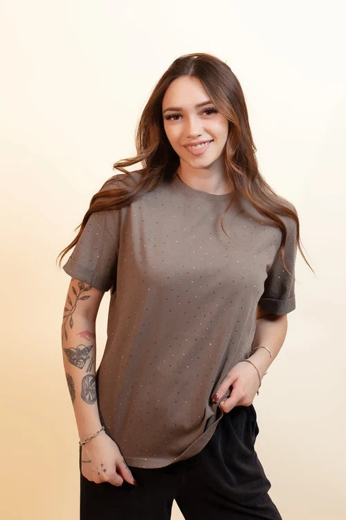Davi and Dani womens mocha sparkle crew tee