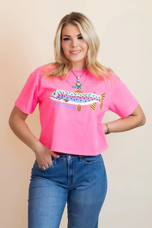 Poppy and pine womens reel cute rainbow trout crop tee
