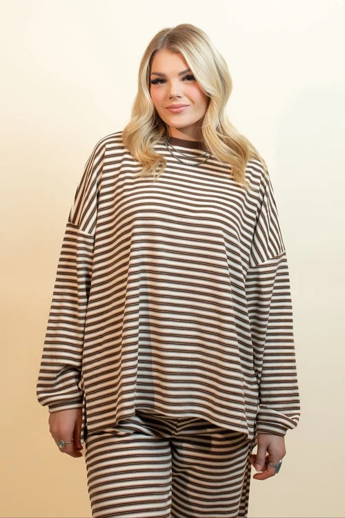 Things between womens cinnamon latte stripe long sleeve top