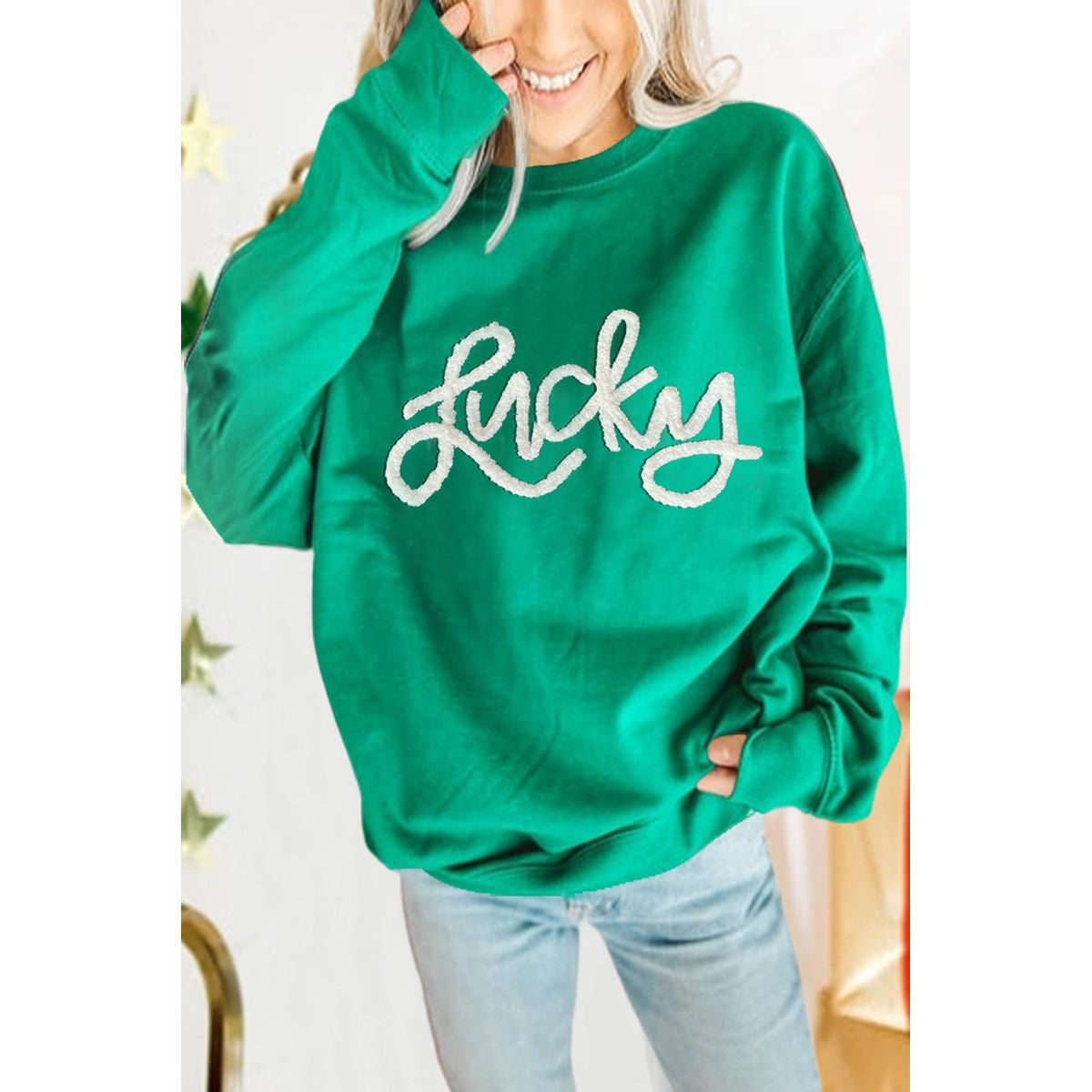 DEMI LUCKY CHENILLE EMBROIDERED PULLOVER SWEATSHIRT
