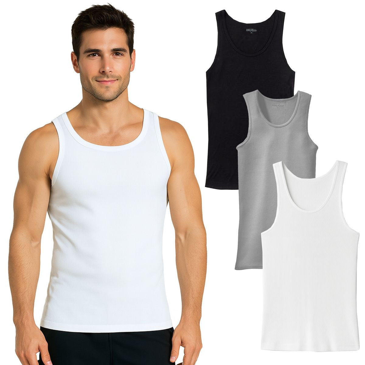 MENS RIBBED CLASSIC COTTON TANK TOPS 15 PACK