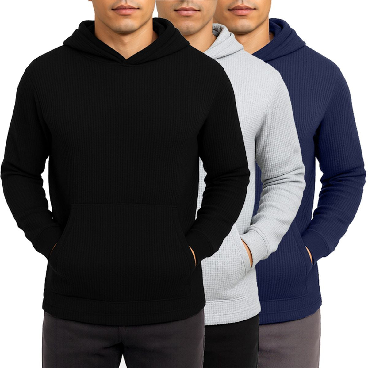 MENS WAFFLE KNIT THERMAL PULLOVER HOODIE 3 PACK