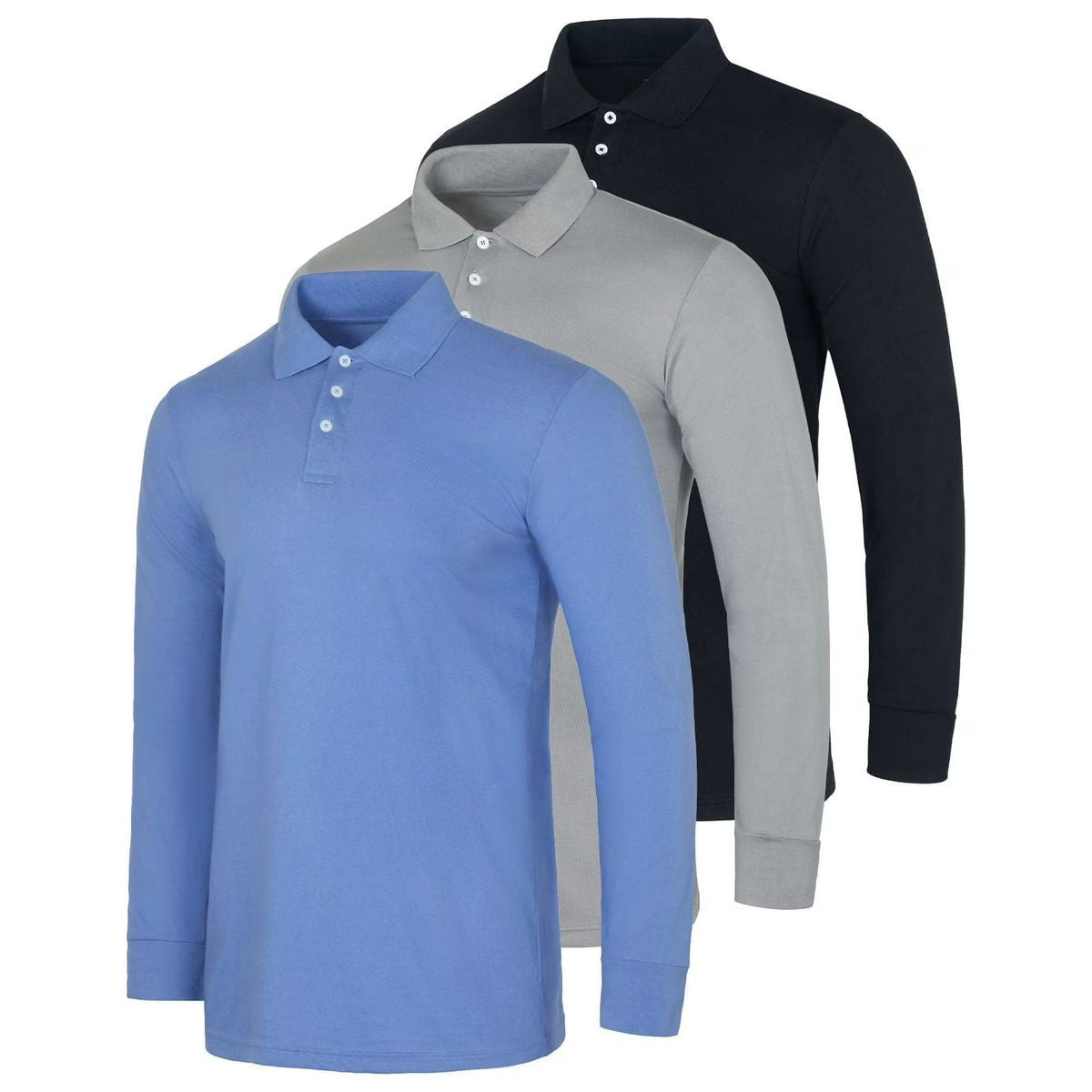 MENS COTTON JERSEY LONG SLEEVE POLO SHIRT 3 PACK