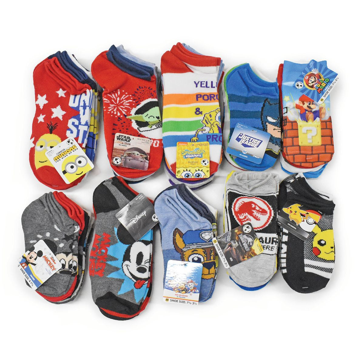 LICENSED ASSORTED KIDS NO SHOW SOCKS 20 PAIR