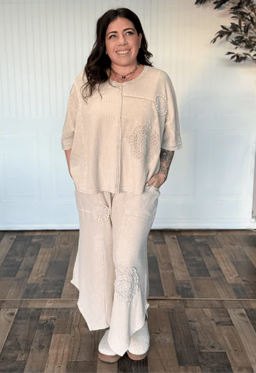 BOHO CROCHET PATCH WAFFLE KNIT WIDE LEG THERMAL PANTS