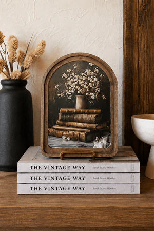 BOOKS WITH FLOWERS ARCH FRAMED ART 8.25X11 INCH