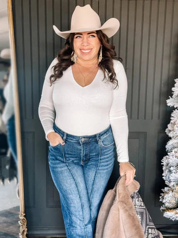 CAMBRIDGE LONG SLEEVE V NECK DOUBLE LINED TOP