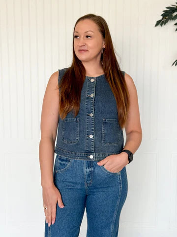 CLASSIC ROUND NECK DENIM VEST