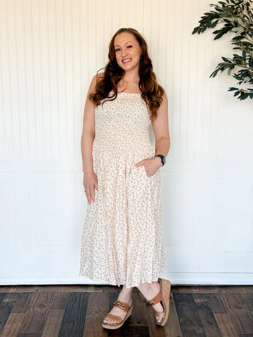 COTTON WILDFLOWER BODICE DROP WAIST MIDI DRESS