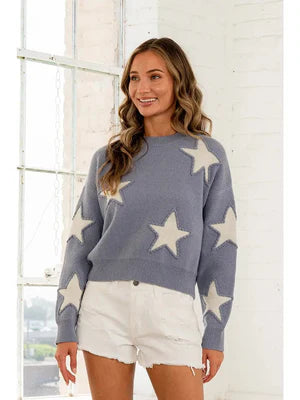 CREW NECK SWEATER WITH BOLD STAR PRINT