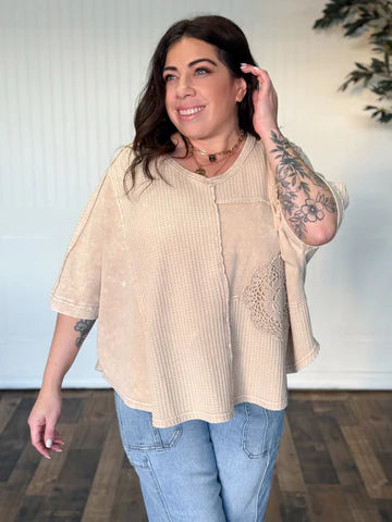 CROCHET PATCH OVERSIZED MINERAL WASH THERMAL TOP