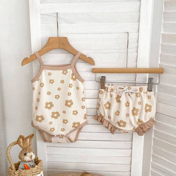 DAISY CUDDLES KIDS BABY FLOWER WAFFLE SLING ROMPER AND BUBBLE SHORTS