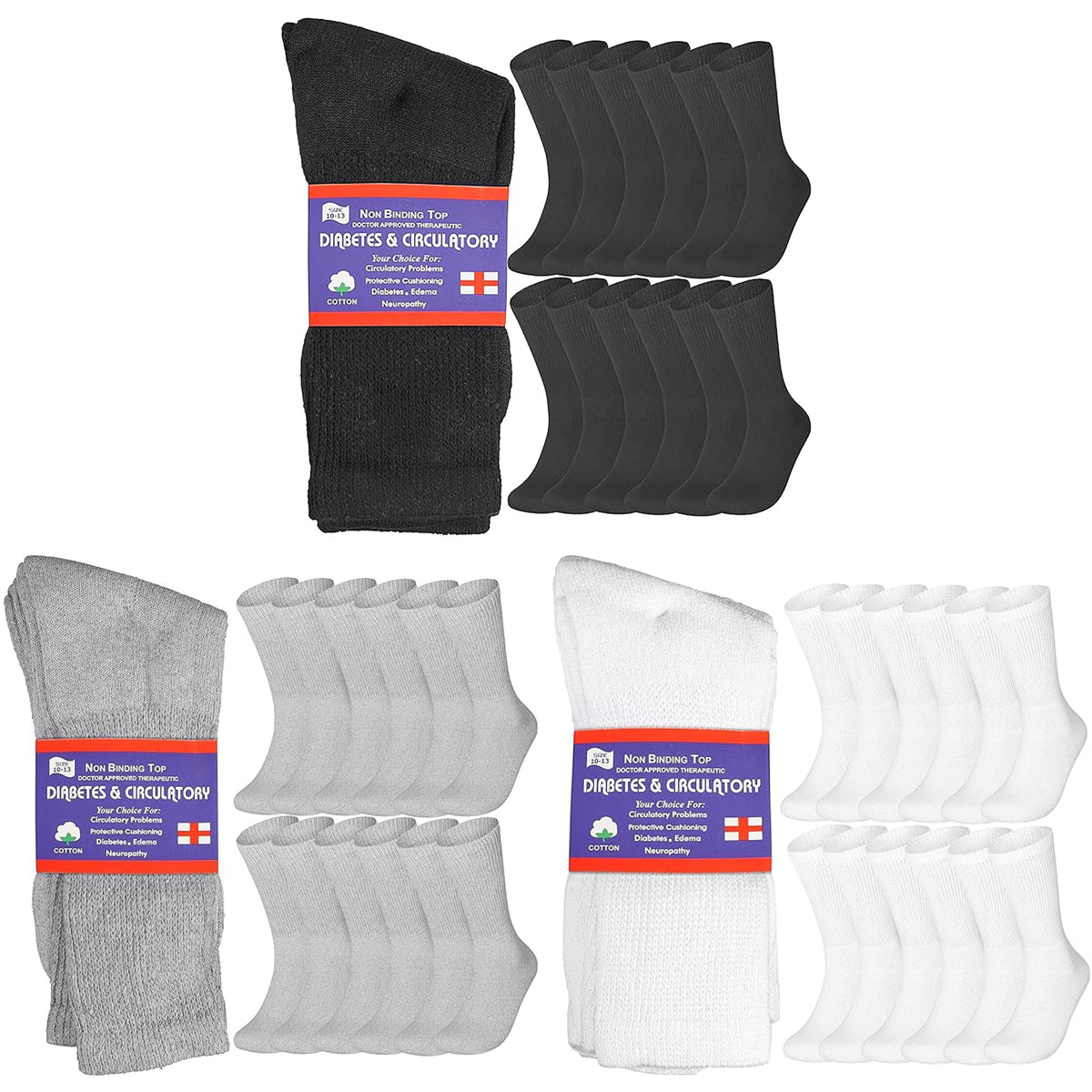 COTTON NON BINDING DIABETIC AND CIRCULATORY CREW SOCKS 12 PAIR