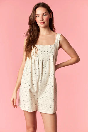 PEACH LOVE DARLING DOTS DENIM ROMPER