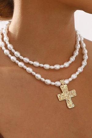 PEARL GRACE LAYERED CROSS NECKLACE