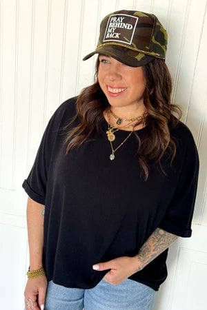 PRAY BEHIND MY BACK FULL CAMO TRUCKER HAT