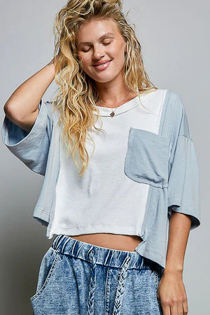 ROUND NECK SHORT SLEEVE COLOR BLOCK PANELS KNIT TOP