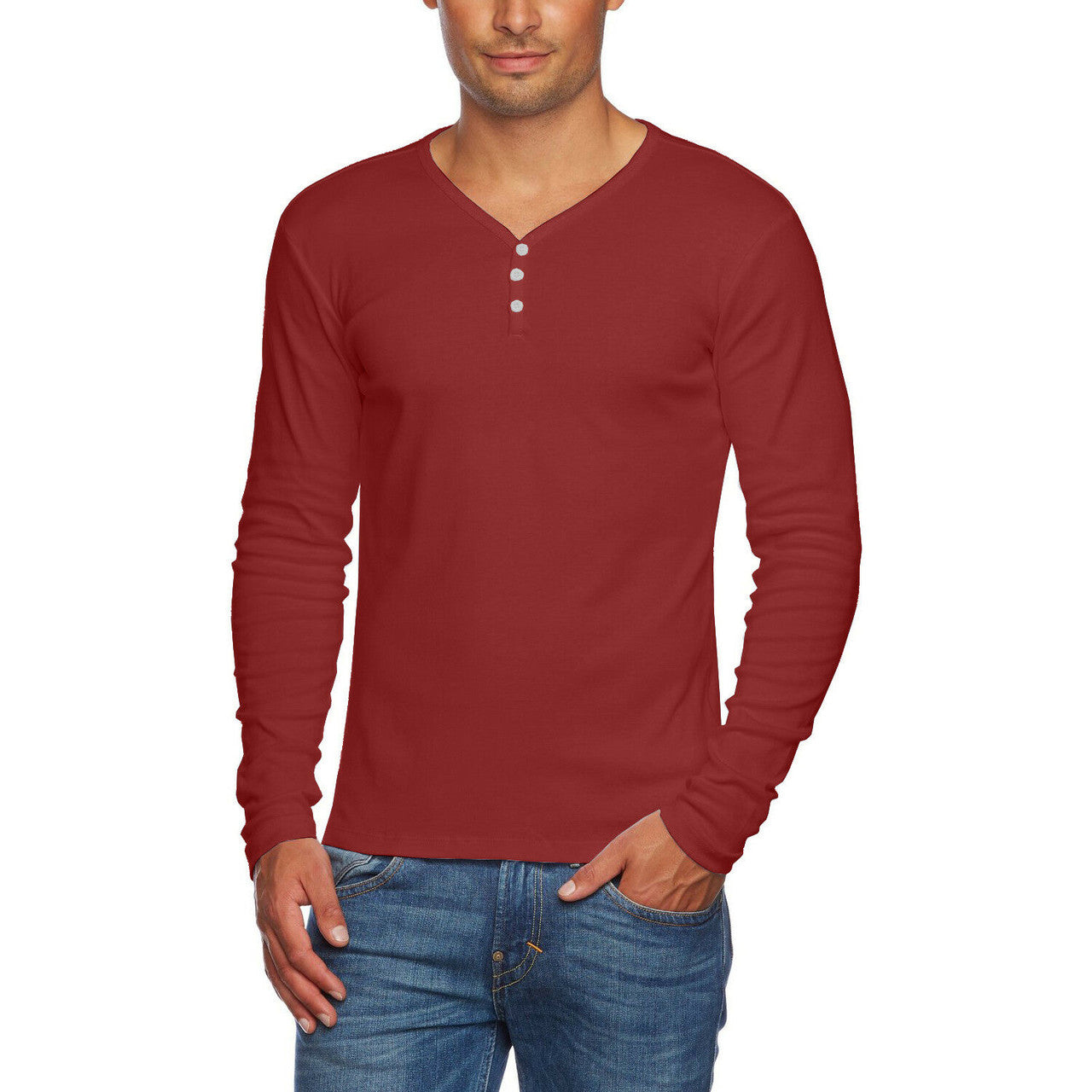 MENS SLIM FIT V NECK LONG SLEEVE COTTON 3 BUTTON T SHIRT