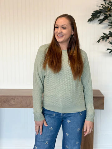 SERENE SAGE POINTELLE CREWNECK SWEATER