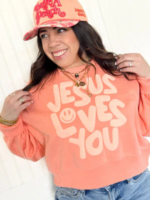 SMILEY JESUS LOVES YOU PUFF CROP SWEATSHIRT
