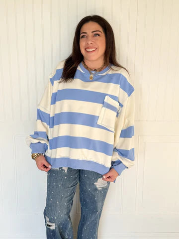 STRIPED COLORBLOCK TERRY POCKET SWEATSHIRT