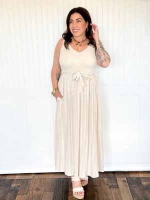 THE EASY V SMOCKED MIDI DRESS