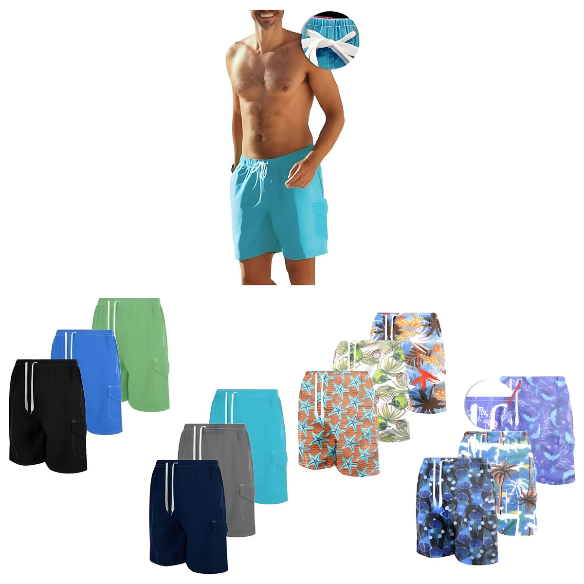 MENS QUICK DRY SWIM SHORTS WITH CARGO POCKETS 3 PACK