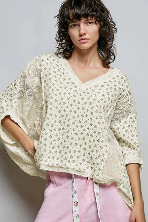 VINTAGE STYLE FLORAL PRINT LACE CROPPED GAUZE BLOUSE TOP